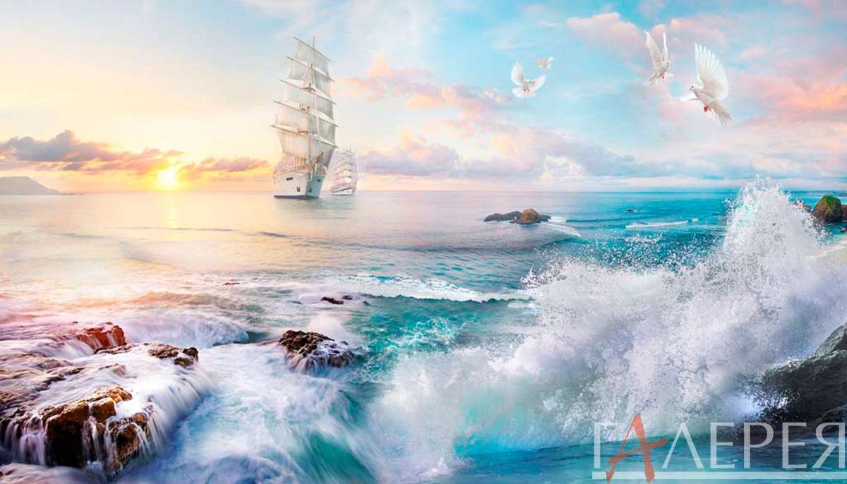 Природа, Море, океан, море, парусник, корабль, парусники, корабли, голуби, волна, волны, закат