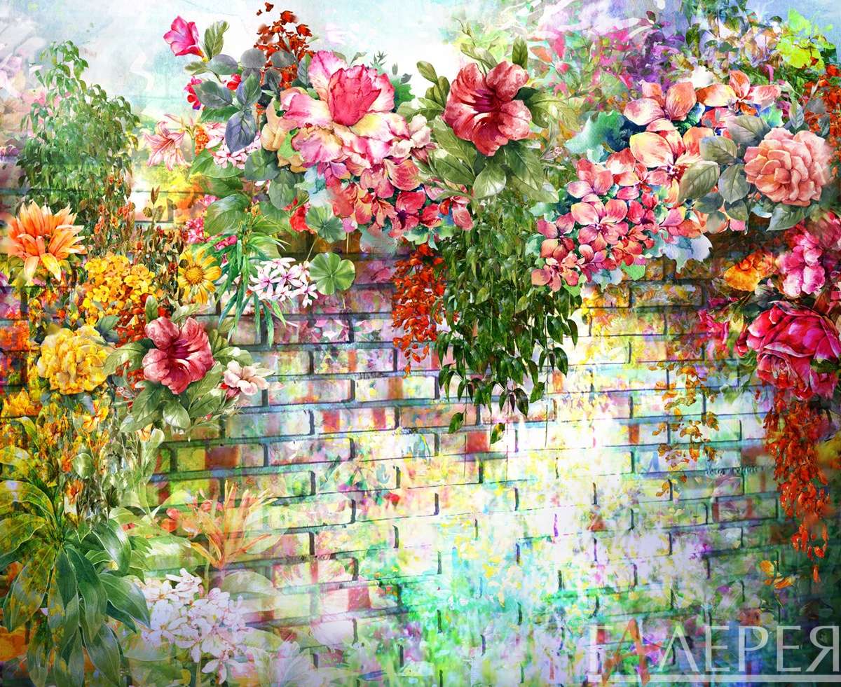 Шинуазри, акварель, кирпичная стена, цветы, листья