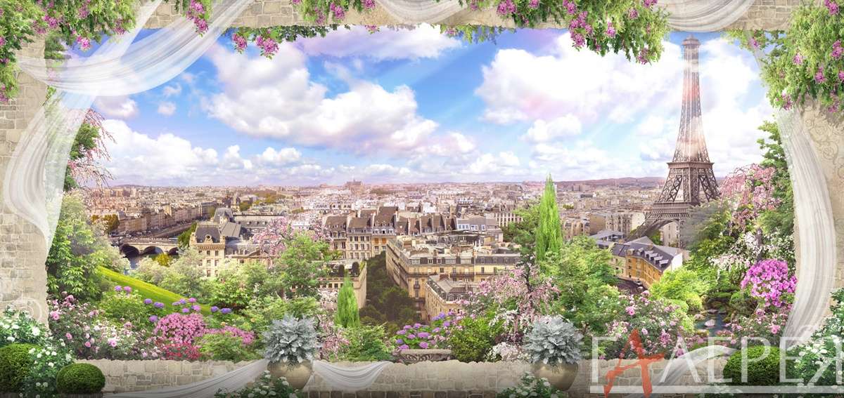 Париж, Эйфелева башня, арка, вид на город, сиреневые цветы, занавески, тюль, шторы, балкон