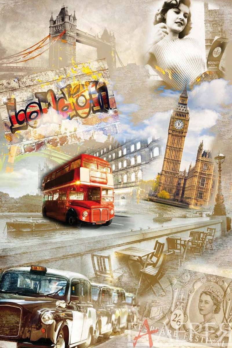 Лондон, ретро, коллаж, Биг Бэн, Тауэрский мост, автобус, автомобили