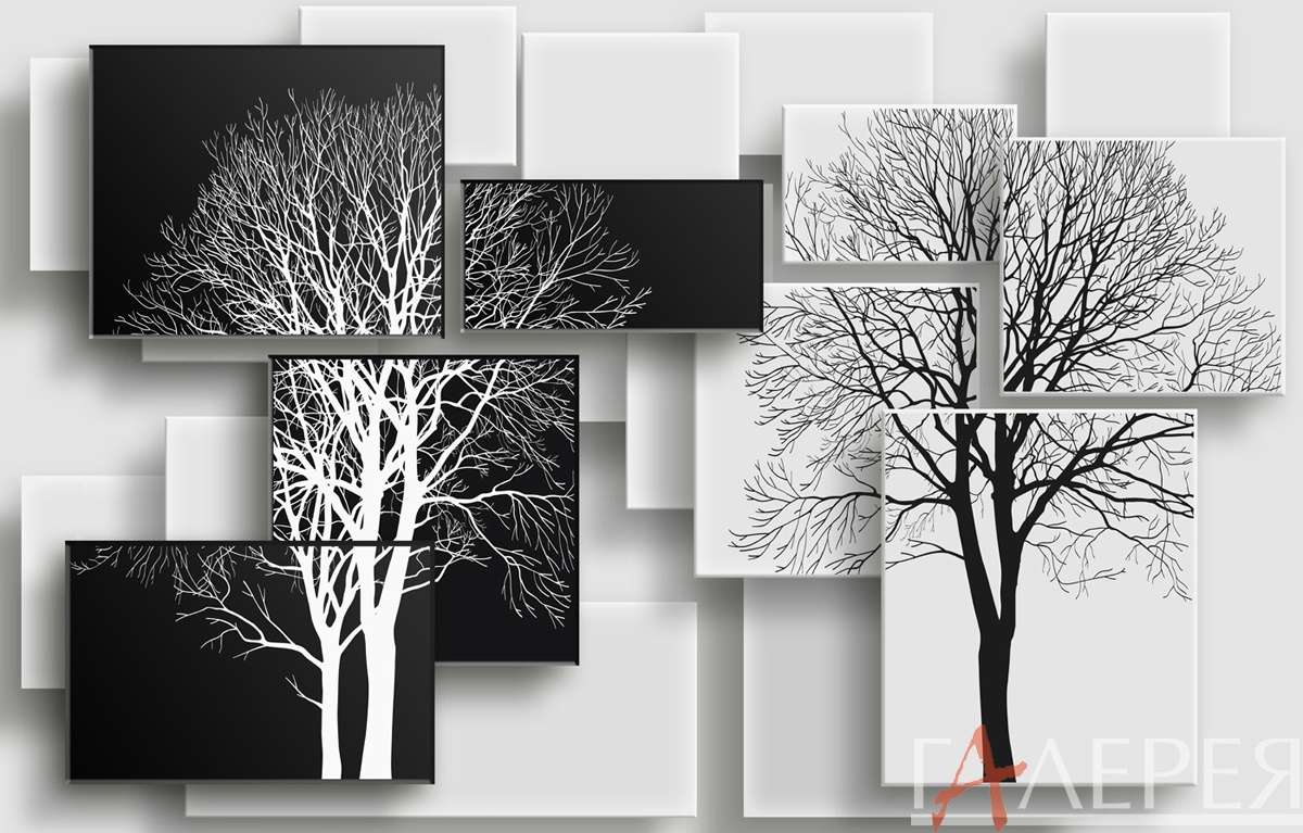 Модерн, абстракция, черно-белый, ломаные грани, деревья