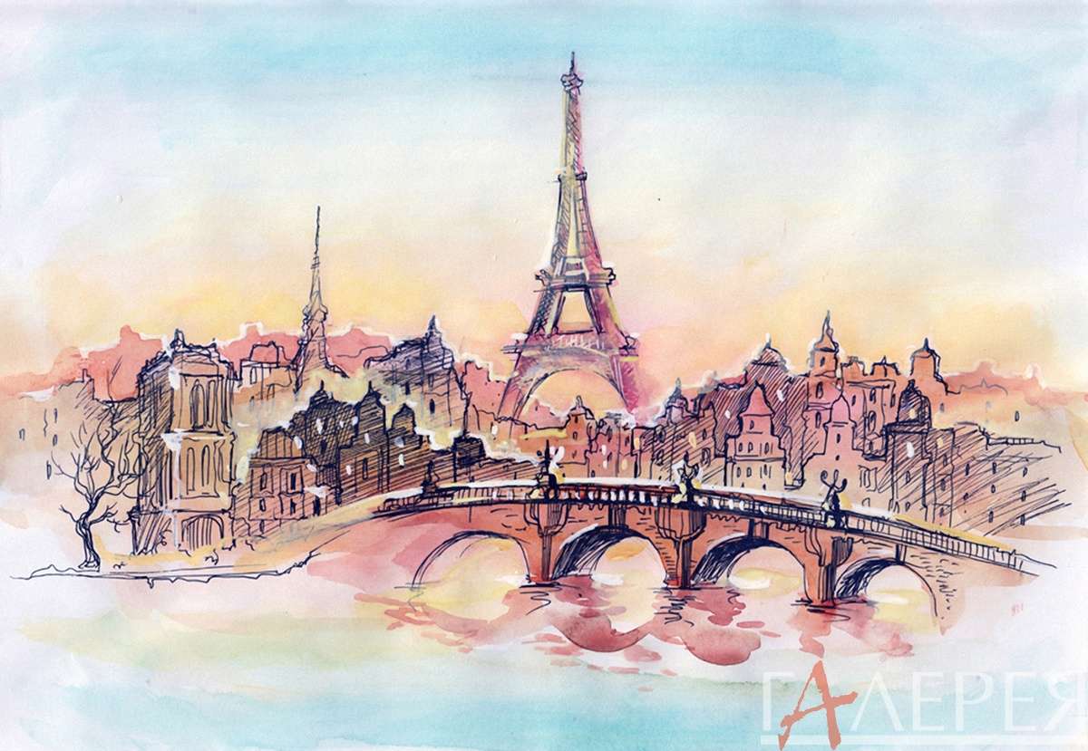 Париж, Эйфелева башня, акварельые