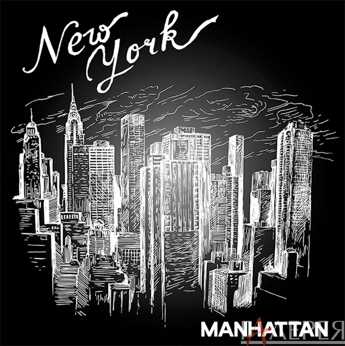 Современная живопись, Нью Йорк, город, черно-белый, небоскребы, надпись