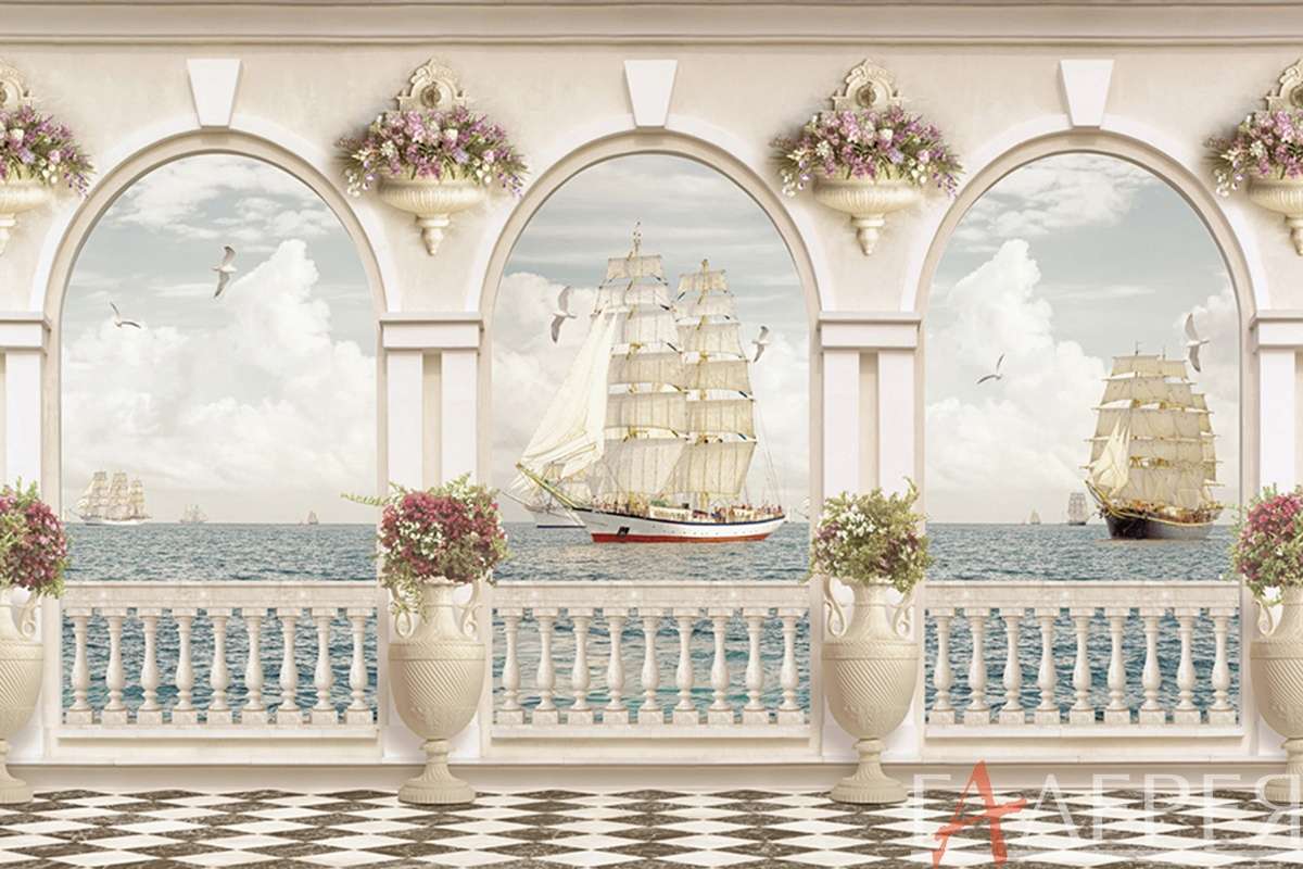 Вид на море, корабли, балкон, терраса, вазы с цветами, арки