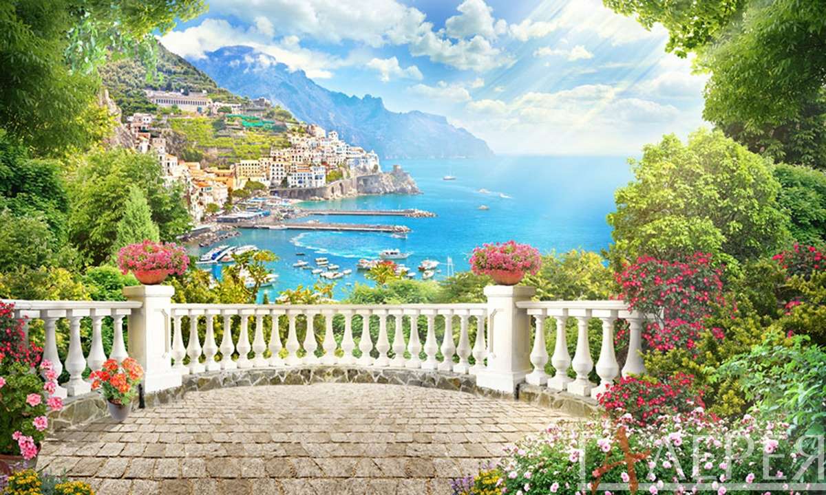 Балкон, терраса, вид на море, цветы, средиземноморье, перила, небо, облака