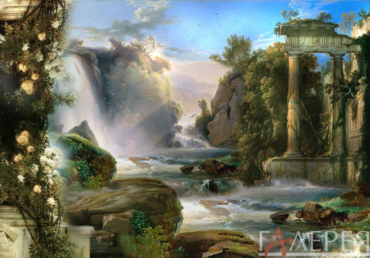 Водопад, горы, река, камни, развалины, колоны, цветы, фреска