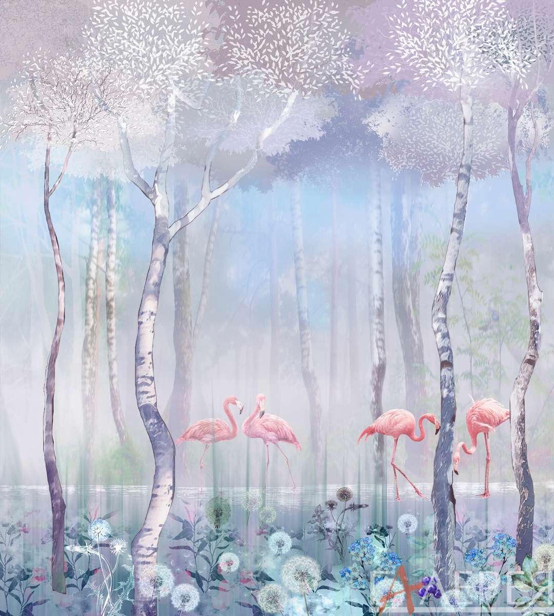 сказочный лес, фламинго, одуванчики, в тумане, туман