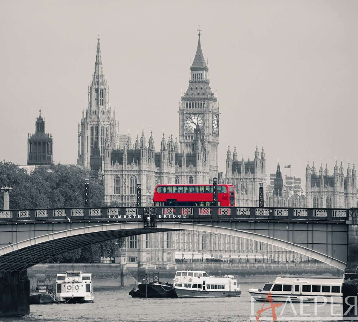 Лондон, Биг Бэн, черно-белый автобус, мост