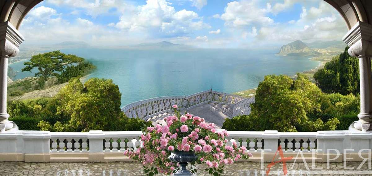 Море, балкон, ваза с цветами, лестница, ограждение, берег, деревья, фреска